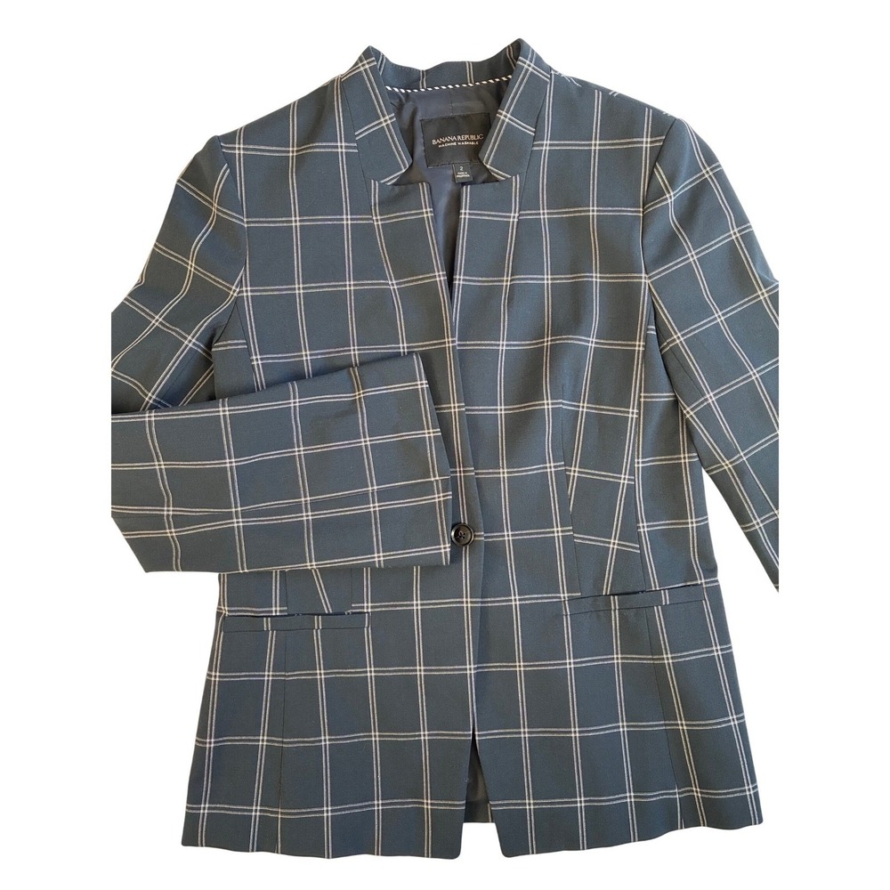 Banana Republic Blazer Women 2 Navy‎ Windowpane Plaid Modern Machine Washable